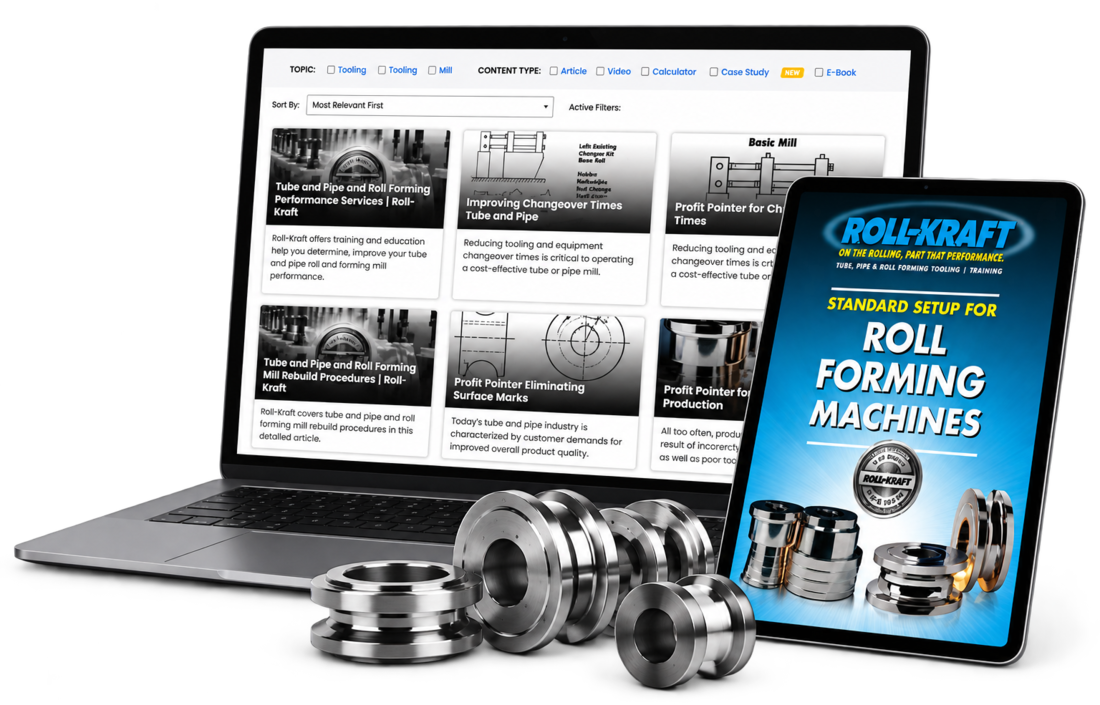 The Roll-Kraft resource library shown on a laptop beside a tablet displaying the Standard Setup for Roll Forming Machines e-book, surrounded by roll tooling